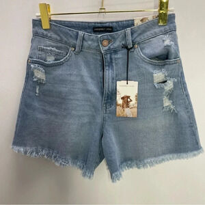 Sincerely Jules Super High Rise Frayed Wedge Distressed Shorts 9